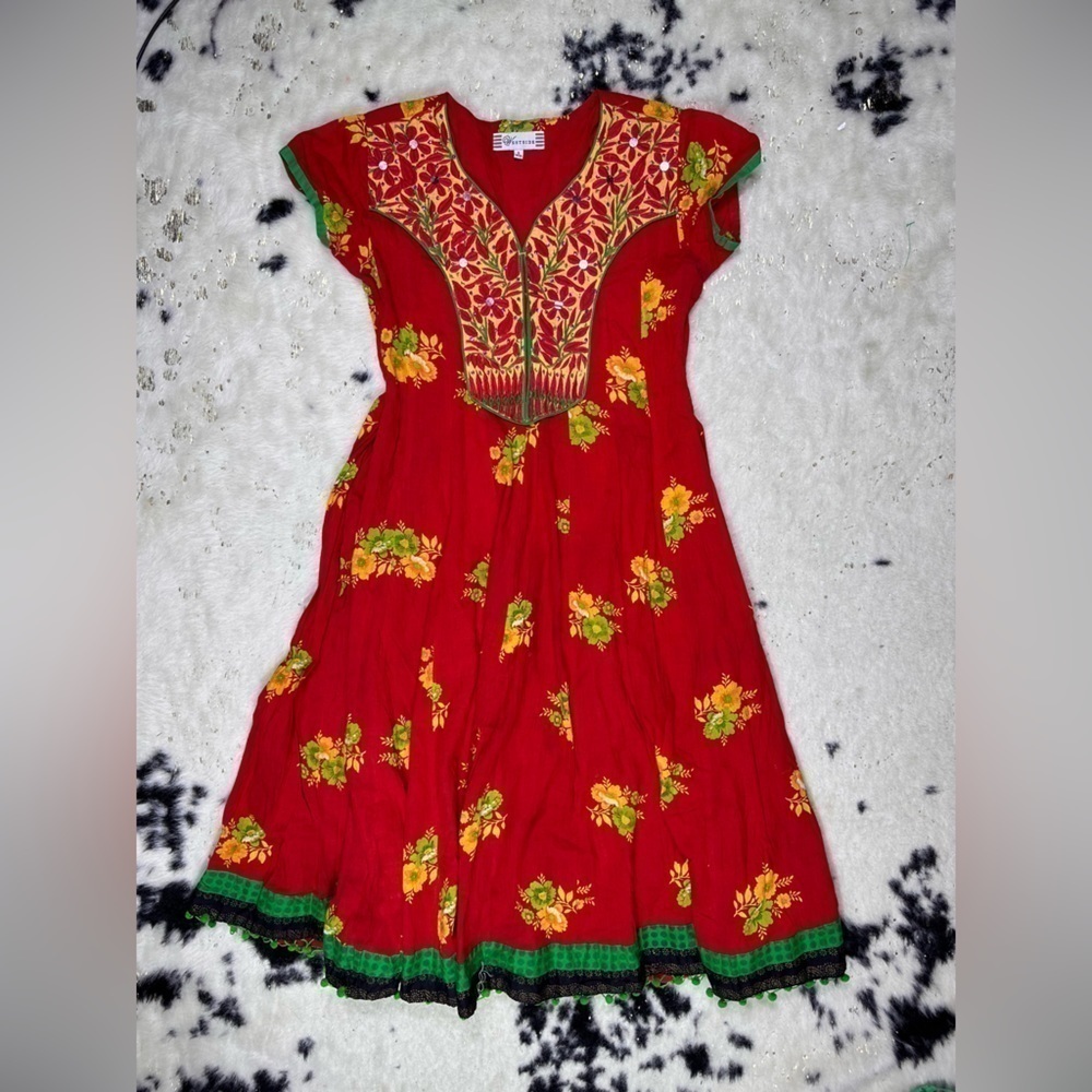 Westside Ethnic Red Yellow Short Sleeve Fringe Cotton Maxi Dress Size Small